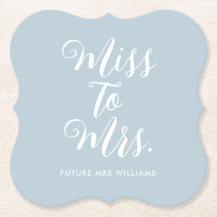 Miss to Mrs Modern Simple Bridal Shower Blue Paper Coaster