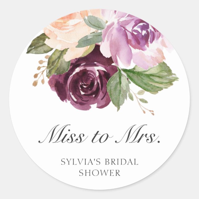 Miss to Mrs Moody Plum Floral Bridal Shower Favor Classic Round Sticker (Front)