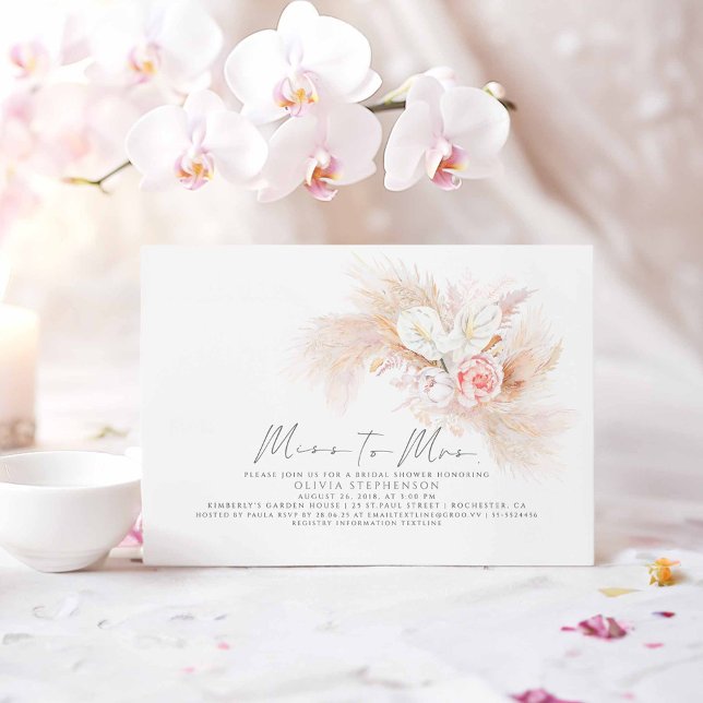 Miss to Mrs Pampas Grass Pink Floral Bridal Shower Invitation (Miss to Mrs Pampas Grass Boho Bridal Shower Invitations)