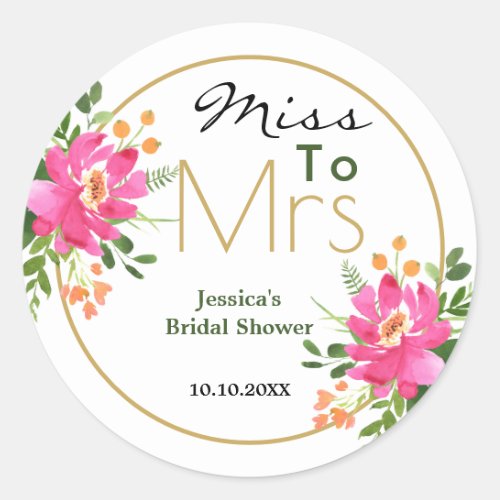 Miss To Mrs  Pink Floral  Bridal Shower Classic Round Sticker