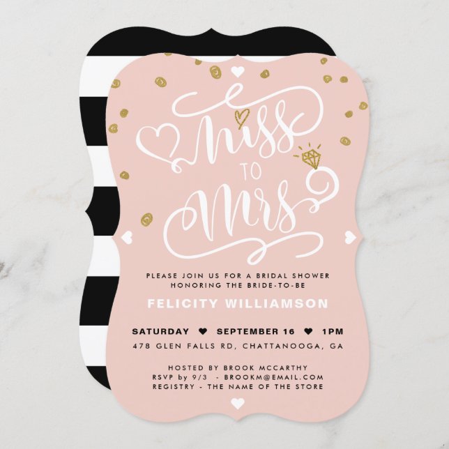 Miss To Mrs Pink Gold & Black Stripe Bridal Shower Invitation (Front/Back)