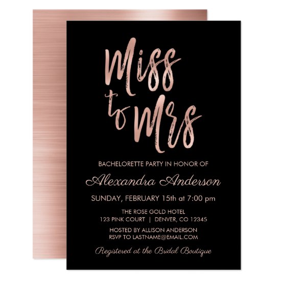 Miss to Mrs Pink Rose Gold Bachelorette Party Invitation