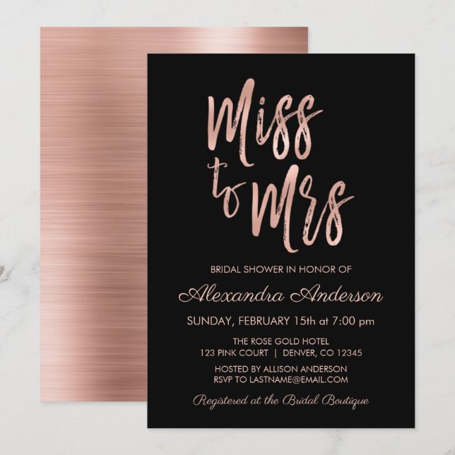 Miss to Mrs Pink Rose Gold Bridal Shower Invitation (Front/Back)
