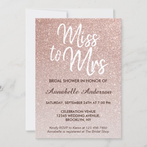 Miss to Mrs Pink Rose Gold Glitter Bridal Shower Invitation