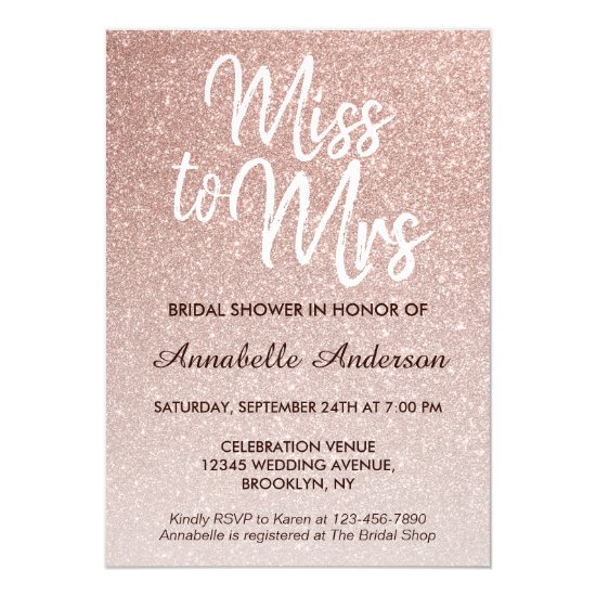 Miss to Mrs Pink Rose Gold Glitter Bridal Shower Invitation