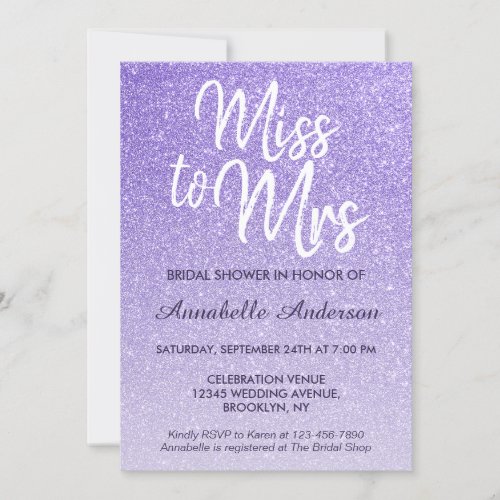 Miss to Mrs Purple Violet Glitter Bridal Shower Invitation