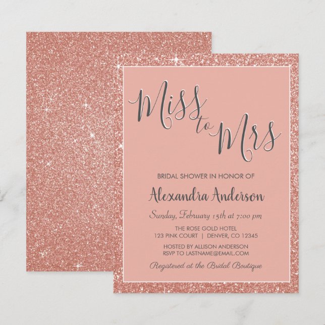 Miss to Mrs Rose Gold Glitter Bridal Shower Invitation (Front/Back)