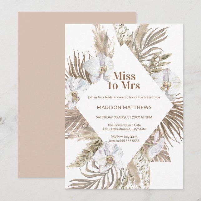 Miss to Mrs Tan & Pink Boho Floral Bridal Shower   Invitation (Front/Back)