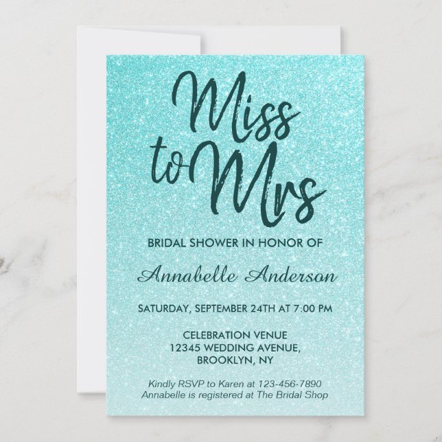 Miss to Mrs Teal Green Glitter Glam Bridal Shower Invitation (Front)