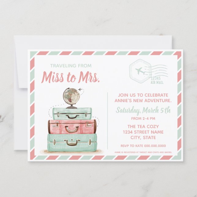 Miss to Mrs travel bridal shower coral mint Invitation (Front)