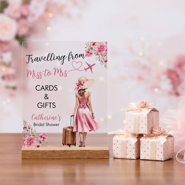 Miss To Mrs Travel Pink Bow Dress Bridal Shower Acrylic Sign (Front view traveling from miss to mrs destination wedding bridal shower love is journey acrylic sign)