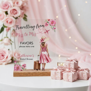 Miss To Mrs Travel Pink Bow Dress Bridal Shower Acrylic Sign