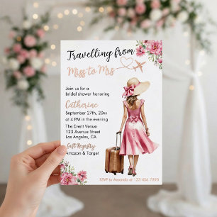 Miss To Mrs Travel Pink Bow Dress Bridal Shower Foil Invitation