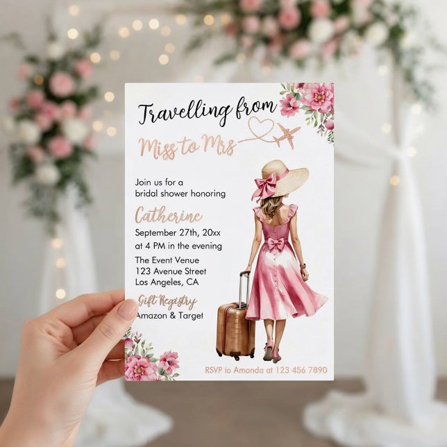 Miss To Mrs Travel Pink Bow Dress Bridal Shower Foil Invitation (Front view traveling from miss to mrs destination wedding bridal shower love journey foil invitation)
