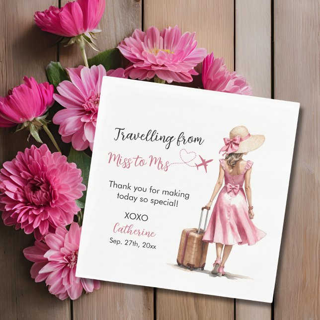 Miss To Mrs Travel Pink Bow Dress Bridal Shower Napkins (Flat lay love is a journey around the world map bridal shower travelling from miss to mrs napkin)