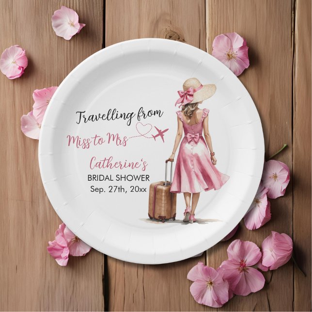 Miss To Mrs Travel Pink Bow Dress Bridal Shower Paper Plates (Creator Uploaded)