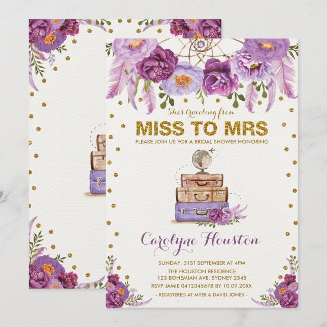 Miss to Mrs Travel Suitcase Purple Bridal Shower Invitation (Front/Back)
