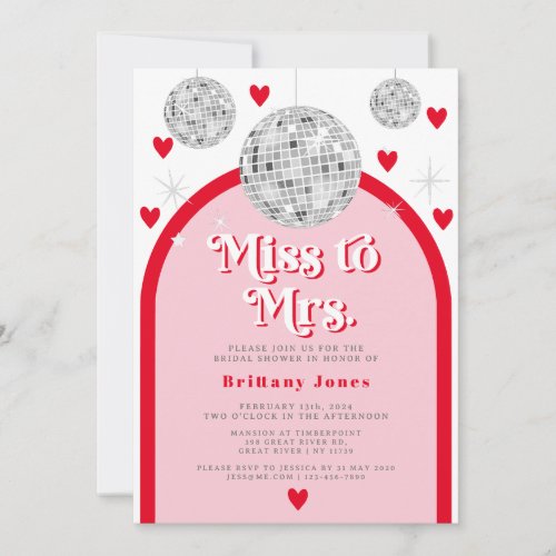 Miss to Mrs Valentines Heart Disco Bridal Shower Invitation