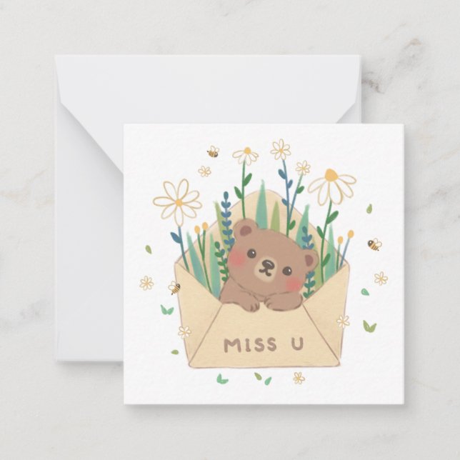 MISS U: Teddy Bear & Flowers in Envelope Note Card (Front)