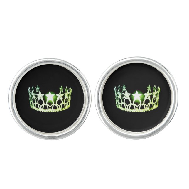 Miss USA America Lime Green Crown Round Cuff Links (Front)