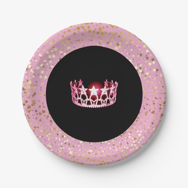 Miss USA Crown Paper Plates-Golden Stars PInk Paper Plates (Front)