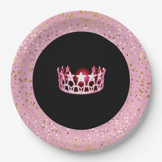 Miss USA Crown Paper Plates-Golden Stars PInk Paper Plates (Front)