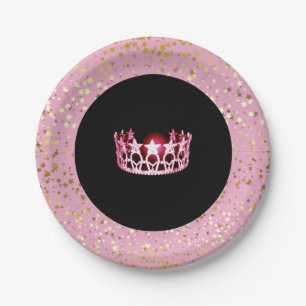 Miss USA Crown Paper Plates-Golden Stars PInk Plates
