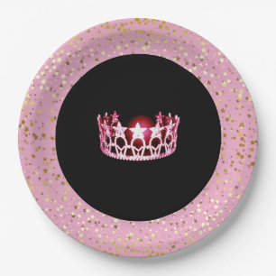 Miss USA Crown Paper Plates-Golden Stars PInk Plates