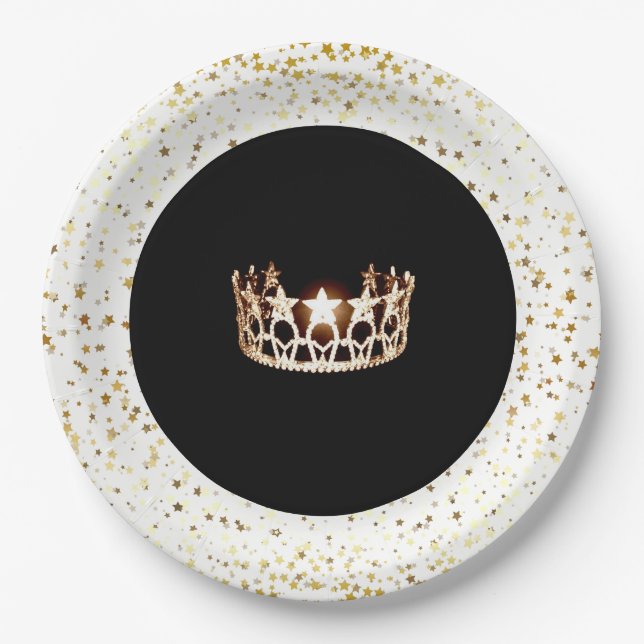 Miss USA Crown Party Paper Plates-Gold Stars White Paper Plates (Front)