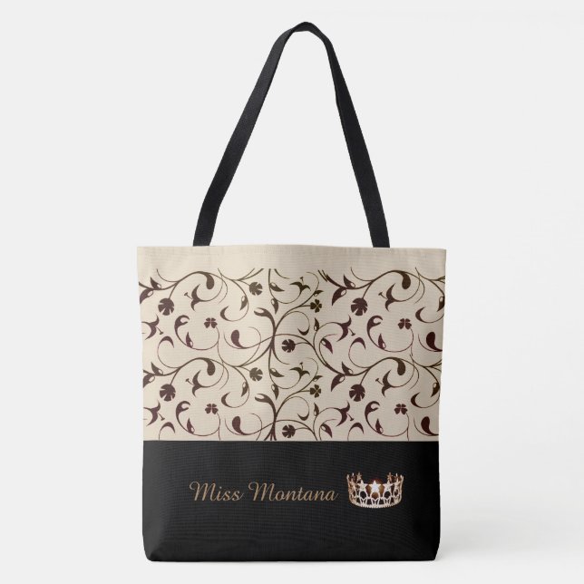 Miss USA Gold Crown Tote Bag Beige & Brown Scrolls (Front)