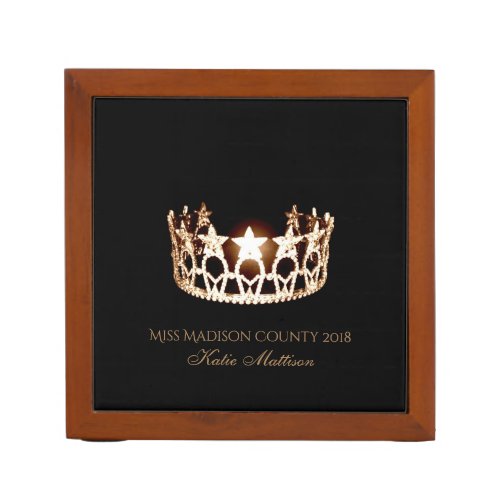 Miss USA Gold Crown Wood Desk Organizer_Title Pencil Holder