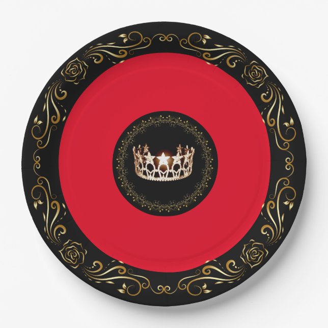 Miss USA Red Gold Crown 9" Paper Plates (Front)