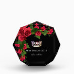 Miss USA Red Roses Silver Crown Acrylic Award<br><div class="desc">Acrylic award shown in the octagonal shape and is in black with a Gleaming pageant crown and a spray of Red roses all about the top and left side of trophy . Shown with fancy script and bold looking text. Customize to your own liking.</div>