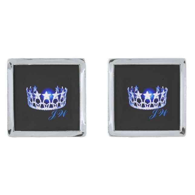 Miss USA Royal Blue Crown Cuff Links-w/Monogram Silver Cufflinks (Front)