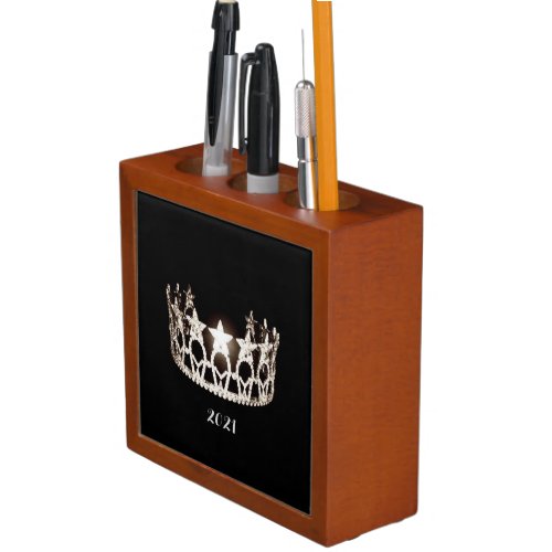 Miss USA Silver Crown Wood Desk Organizer_Date Pen Desk Organizer