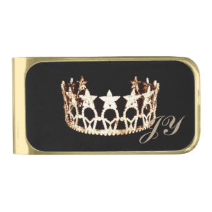 Miss USA style Gold Star Crown Monogram Money Clip