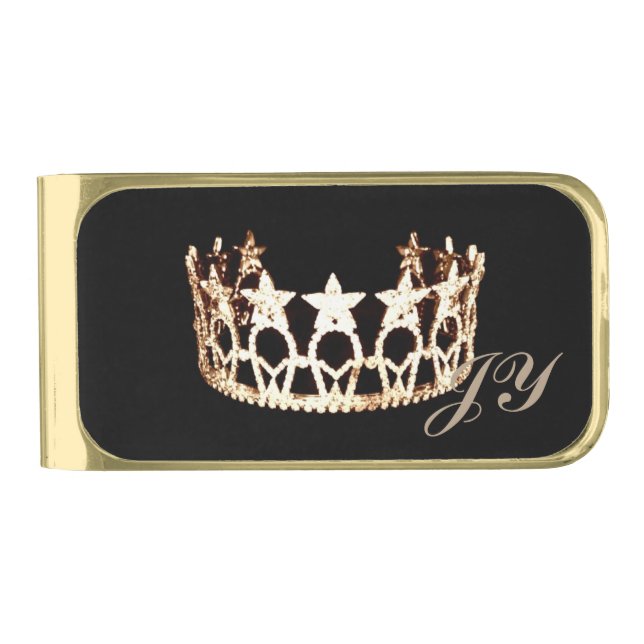 Miss USA style Gold Star Crown Monogram Money Clip (Front)