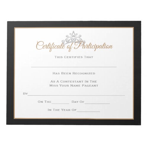 Miss USA style Pageant Certificates_Particptn Notepad