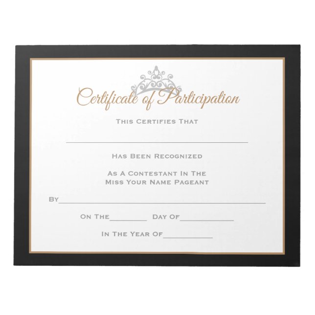 Miss USA style Pageant Certificates-Particptn Notepad (Front)