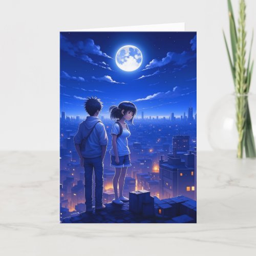 Miss You  Anime Couple under the Moon Card
