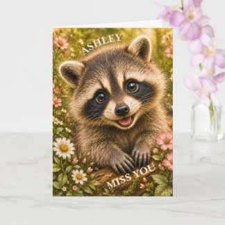 MIss You, Curious floral Raccoon Card