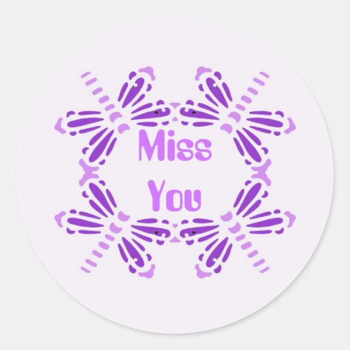 Miss you dragonflies in purple  mauve classic round sticker