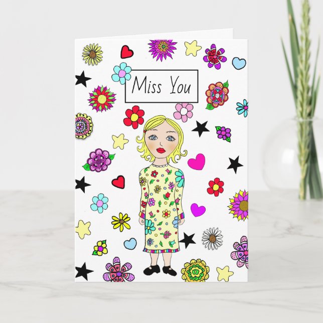 Miss You, Friendship, Whimsical Girl with Flowers Card (Front)