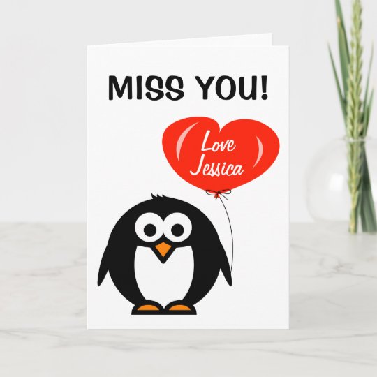 Miss you greeting card | penguin with red balloon | Zazzle.com