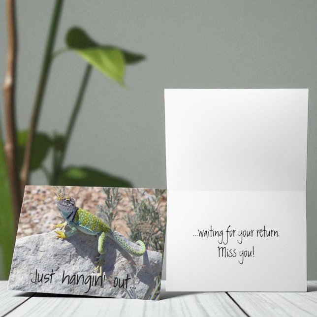 Miss You Lizard Sunbathing Add Your Photo Greeting Card (Replaceable cover photo and template cover and inside text)