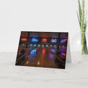 Miss You Neon Signs in Dark Bowling Alley Card