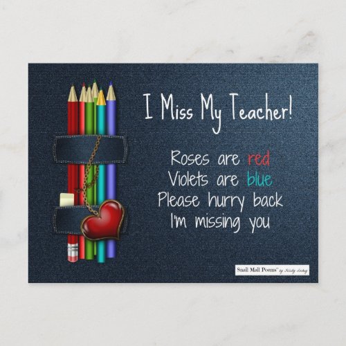 Miss You Poem for Teacher from Student Postcard