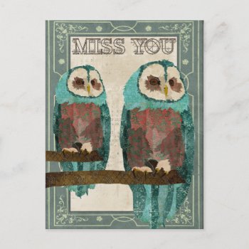 Miss You Vintage Azure Owl Postcard by NicoleKing at Zazzle