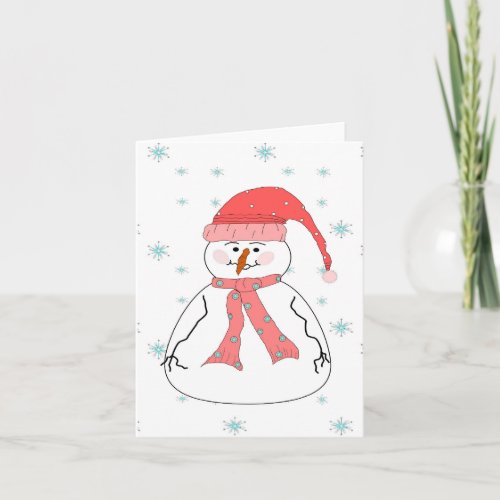 Misses Snowman Snowing Whimsical  Primitive Art Holiday Card