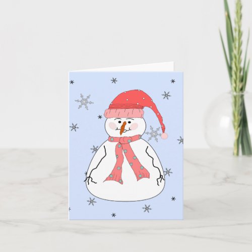 Misses Snowman Snowing Whimsical  Primitive Art Holiday Card